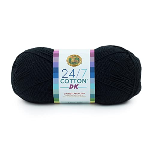 Lion Brand Yarn 24/7 Cotton DK, Mercerized Double Knit Cotton Yarn for Knitting, Crochet, Lightweight Garments, Caviar, 1 Pack