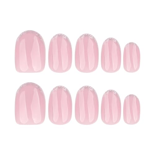 Image of Nude Press on Nails Silver Glitter French Tip Fake Nails Short Oval Nail Press ons Reusable Glossy Full Cover Stick on Nail for Women Manicure 24Pcs