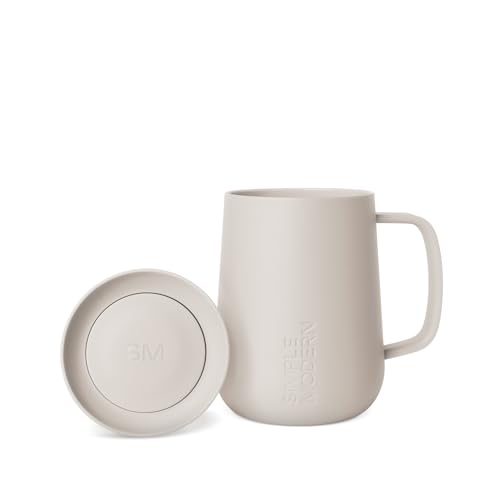 Simple Modern Voyager Signature Mug | Travel Coffee Tumbler with 360° Lid and Handle | Ceramic-Lined Insulated Stainless Steel Iced Cold Brew Cup | 12oz, Almond Birch