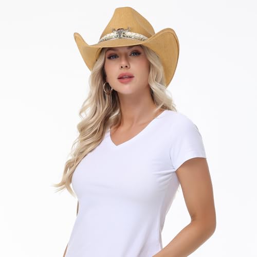 Image of WQWOVRVO Cowboy Hat,Cowgirl Hat,Western Cowboy Hats for Women /Mens /Straw Wide with Shapeable Brim Cowboy Hat for Womens
