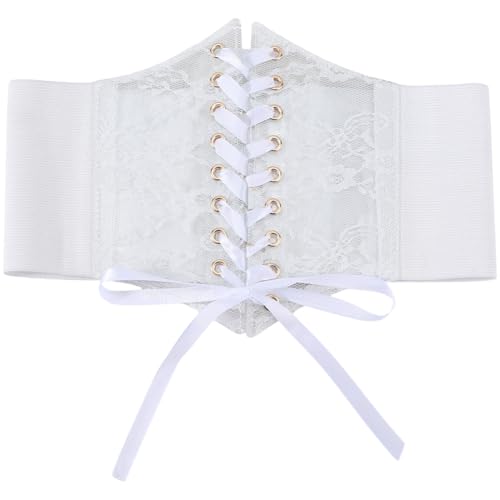 White Cinch Corset Lace Up Waist Belt Faux Leather Vintage Boho Bow Tie Wrap Wide Lace Elastic Trendy Waistband Belts Bulk for Women Dresses Shirts Clothing Costume Birthday Party Accessory