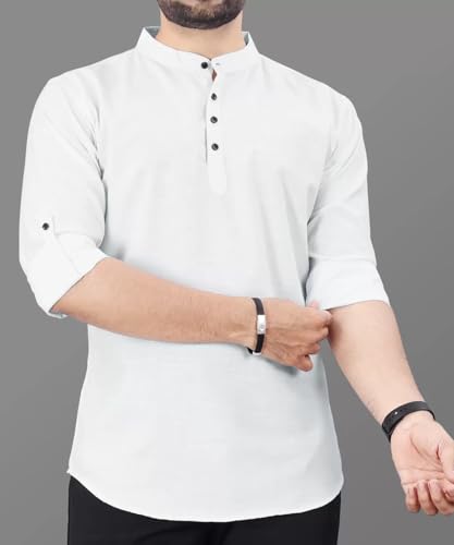 Image of DEEMOON Men's Regular Fit Solid Sprad Collar Casual Shirt with a Trendy Mandarin Collar Crafted from a Premium Cotton Blend