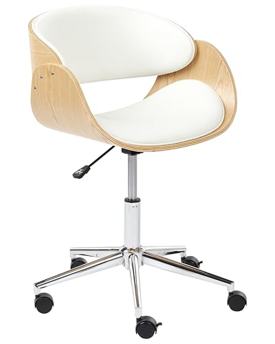 Beliani Chaise de Bureau Élégante Fonction Pivotante et Réglable Contreplaqué Bois Clair Siège en Cuir PU Blanc Palatka