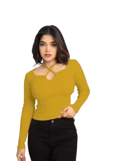 Image of Gampy Women's Lavender Long Sleeve Top, Criss-Cross Neck Design, Ribbed Knit Fitted Casual