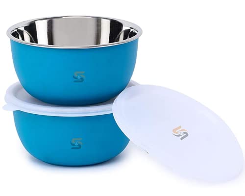 S&S Bowl | 500ml | Microwave bowl, Stainless Steel Solid | Microwave safe bowl, Serving bowl with lid, Mixing Bowl, Steel bowl, Kitchen Accessories items, Microwave utensils, (Turquoise) – Pack of 2