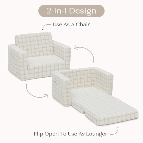 Delta Children Checkered Cozee Flip-Out Kids Chair, Snuggly Sherpa-Like Foam Convertible Armchair for Boys and Girls, Machine Washable Cover, Soft Comfy Toddler Seating for Playroom/Bedroom, Cream - image 5