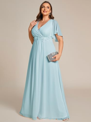 Image of Ever-Pretty Short Sleeves V Neck Plus Size Formal Dresses for Curvy Women Chiffon Mother of The Bride Dress Evening Gowns
