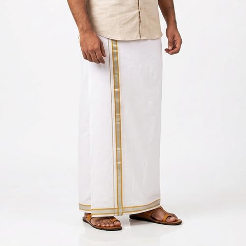 White Cotton Dhoti Single Layer with Silver and Golden Border Men’s Indian Traditional Style Veshti Mundu for Pooja Temple Wear Wedding Festival Cultural Attire and Gifting (White Design-3)