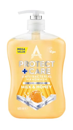 Astonish Protect and Care Kind to Skin Moisturising Anti-Bacterial Hand Wash Soap, 600ml, Milk and Honey