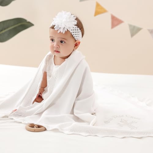 Baby Baptism Blanket – White Cotton Knit Christening Shawl with Embroidered Cross, Unisex Receiving Swaddle for Boys & Girls, 40x31 Inches, Soft Newborn Gift with Premium Gift Box3