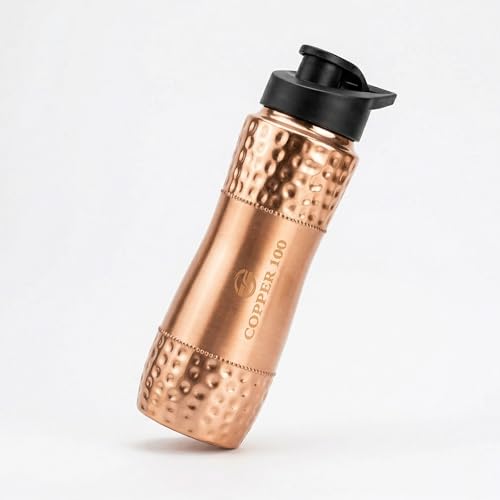 Image of VIRGIN Foodgrade 99.9% Pure Copper Water Bottle- Leakproof, Joint Free, No Lead, BPA-Free - Ayurvedic Health Benefits- Made in India - Spout Mouth (NO Straw) Hammered Glossy Finish (950 mL)