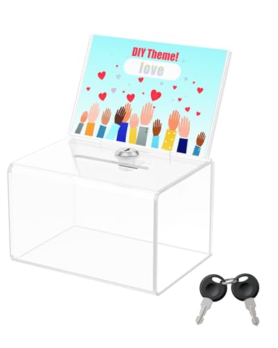 Uniclife 6.3" x 4.6" x 4" Acrylic Donation Box for Fundraising, Clear Suggestion Box with Slot and Lock, Thickened Ballot Boxs for Charity Tip Collection, Plastic Storage Container with Sign Holder