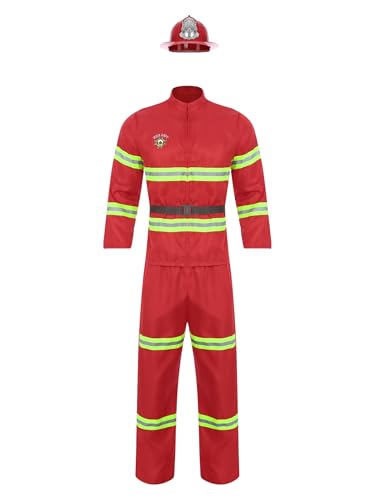 Sinleey Costume Pompier Homme Déguisement Uniforme Rouge ou Bleu Marine Costume Carnaval Halloween Rouge M