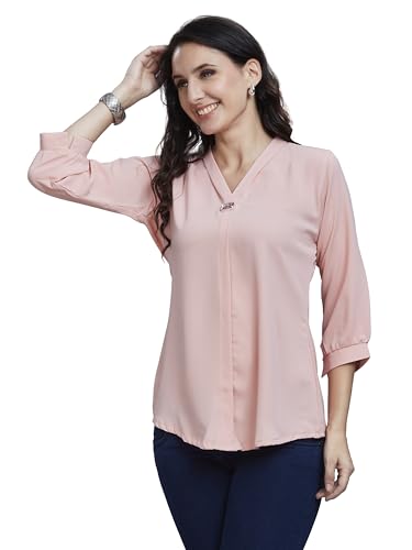 Image of nioni Women's Purple Poly Linen Blend Tunic Top with 3 /4 Sleeves, Printed Yoke, Kantha Stitch Detailing & Mandarin Collar