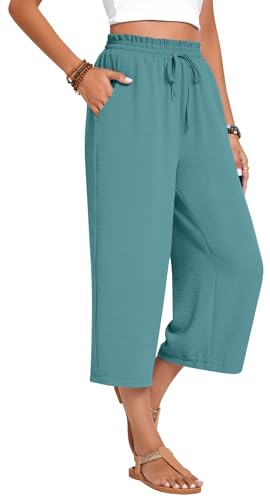 Image of Anyhold Women's Capri Pants Drawstring Casual Palazzo Trousers with Pockets Loose High Waisted Wide Leg Lounge Pants