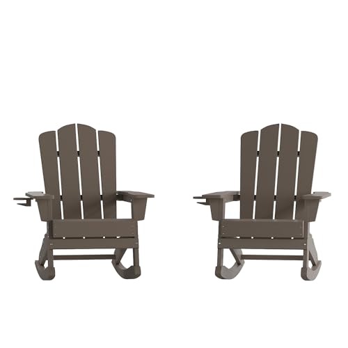 Flash Furniture Newport Adirondack Rocking Chairs with Cup Holder, Weather Resistant Poly Resin Adirondack Rocking Chairs, Set of 2, Brown -  2-LE-HMP-1044-31-BR-GG