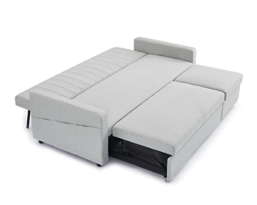 Home Detail 3 Seater Sofa Bed Pull-Out Grey Blue Velvet Grey Linen Storage Chaise (Grey Linen)