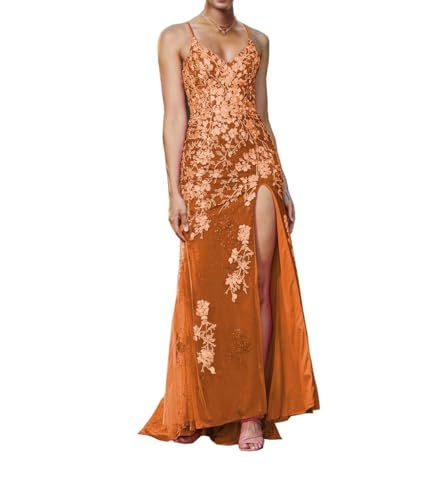 Image of Long Spaghetti Straps Tulle Mermiad Prom Dress V Neck Lace Appliques Formal Dress with Slit SF203
