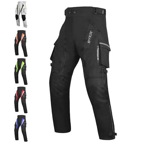 BYKR Motorcycle Pants for Men and Women Armored Cordura Overpants Enduro ATV Dual Sports Motocross Cargo Work Touring Adventure Pants All Weather Protection with Hi Viz Safety Waterproof (BLACK 30X34)