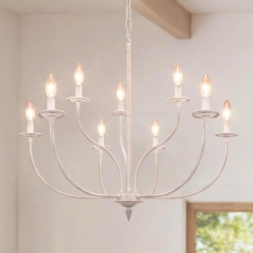 Rviezza French Country Chandelier, 9-Light Antique White Farmhouse Chandelier, 2-Tier Candle Modern Farmhouse Chandeliers for Dining Room Living Room Bedroom Foyer