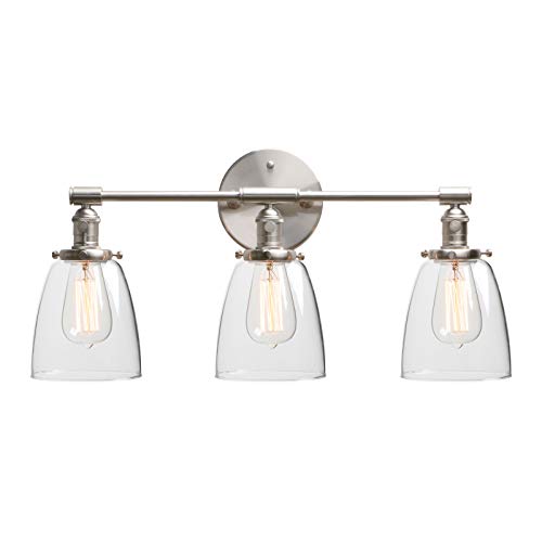 Phansthy Industrial Wall Sconce 3 Light Brushed Nickel Wall Lamp with 5.6 Inches Dome Clear Glass Canopy (Brushed)