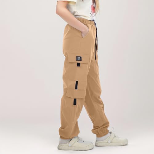 Generic Boys Sweatpants 5t Casual High Waisted Drawstring Loose Fit Pockets Kids Cargo Sweatpants Girls (Khaki, 8-9 Years)4