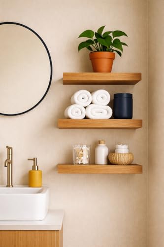 Image of Solid Wood Floating Wall Shelves Set of | Rustic Wooden Display Shelves for Living Room, Bedroom, Kitchen & Bathroom | Heavy Duty Wall Mounted Shelves (9 Inches, 3 Shelves)