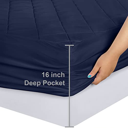 Utopia Bedding Quilted Fitted Mattress Pad, King Size, Elastic Fitted Mattress Topper Protector and Cover Stretches up to 16 Inches Deep, Machine Washable (Navy)