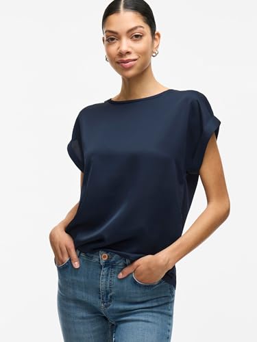 Vila Viellette S/S Satin Top/Su-Noos Camiseta, Azul Marino, 44 Mujeres