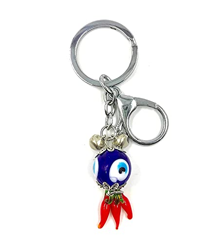 Arkanum Evil Eye Goti Bead with Mirchi-Chilly Keychain Keyring Brings Prosperity Jewellery Accessory – Blue