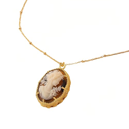 VIEKYBUTTY Vintage Brown Goddess Head Cameo Necklace for Women Victorian Accessories Antique Jewelry Style Daily Wear