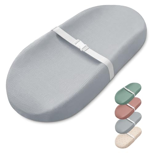 Image of Blissful Diary Muslin Baby Changing Pad with Waterproof Lining Foam, Diaper Changing Table Pad with Cover for Dressers (Gray, Avocado)