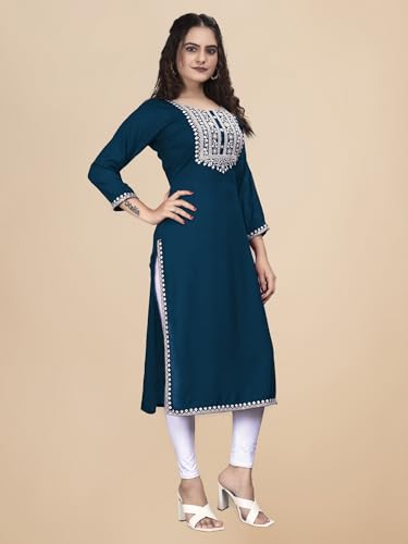 Image of Women Rayon Embroidered Kurti Three Quarter Sleeve Kurta for Women and Girls Embroidery Work Soft Rayon Fabric Comfortable