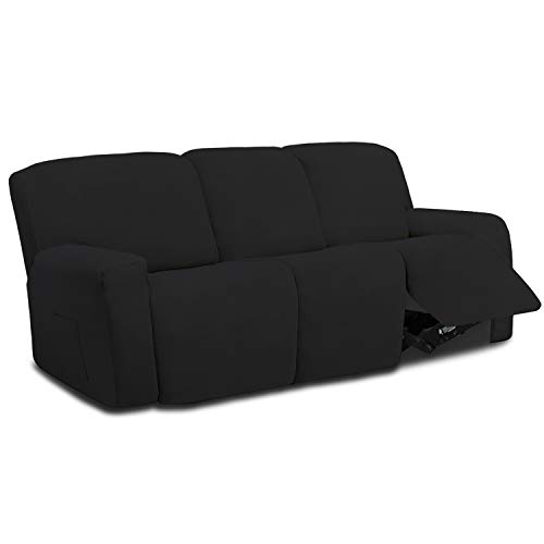Image of Easy-Going 8 Pieces Microfiber Stretch Sectional Recliner Sofa Slipcover Soft Fitted Fleece 3 Seats Couch Cover Washable Furniture Protector with Elasticity for Kids Pet(Recliner Sofa,Black)