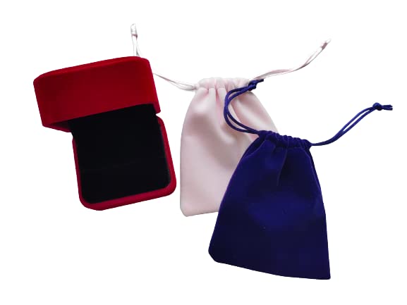 Set of 1 Gray Velvet Pair Ring Box Jewelry Box Gift Boxes 2.6x3x1.8inch and 2 Plush Storage Bags Jewelry Bundling Packaging Bags (Wine Red Inside Black)