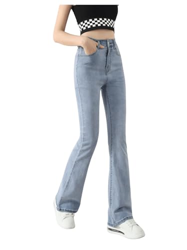 SweatyRocks Girl's Casual High Waisted Zip Up Jeans Solid Flare Leg Stretch Denim Pants