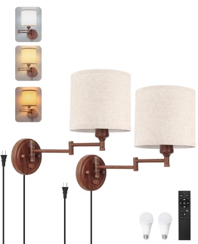 Image of GOODATE Plug in Wall Sconces with Remote Control, Dimming & Adjustable Colors 2700K-6500K, Hardwire or Plug-in, Swing Arm Wall Lamp, Wall Sconces Set of Two, Linen Fabric Shade, Walnut Finish
