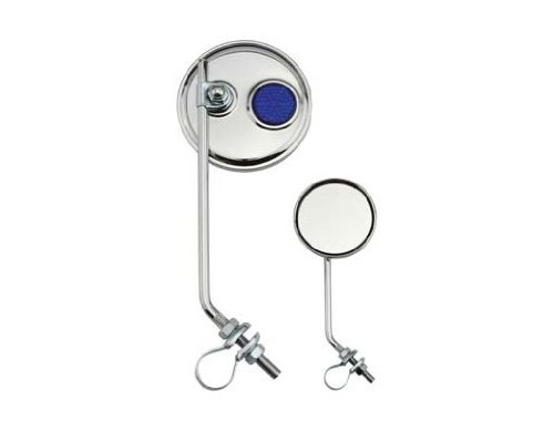 Lowrider Round Mirror Chrome Blue Reflectors. Bicycle Mirror, Beach Cruiser, Chopper, Limo, Stretch Bike, BMX, Track, Fixie, Mountain Bikes
