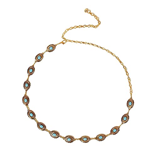 Women's Skinny Western Turquoise Stone Blue Chain Belt for Women Metal Link Chain Gift Dress Jeans,Gold,114CM/44.88INCH
