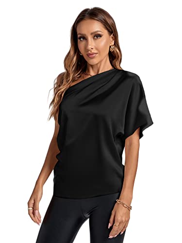 Lyaner Women's Summer Satin One Shoulder Ruched Batwing Short Sleeve Blouse Shirt Solid Black Small #TOP3
