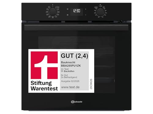 Bauknecht BBA285PU1ZK Einbau-Backofen, 60 cm, 71 l Garraum, Heißluftbackofen mit 12 Funktionen, PowerHeißluft, FlexiClean Pyrolyse & Hydrolyse, Multi-Level-Kochen, Schwarzglas