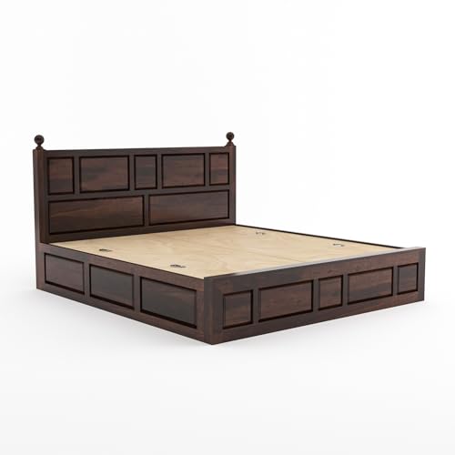 Image of Sheesham Wood Queen Size Bed with Storage Box | Wooden Box Bed Queen Size Double Cot Bed with Storage for Bedroom | Premium Lattu Design Headboard Bed for Living Room | Walnut Finish