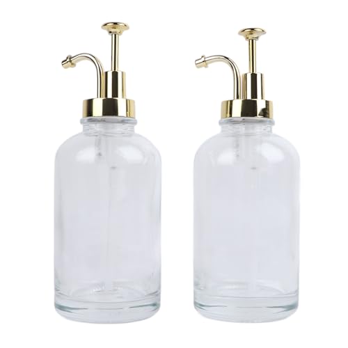 Glass Pump Dispenser, 2pcs 500ml Gold Coffee Syrup Dispenser Transparent Glass Pump Dispenser with 9 Labels, Suitable for Kitchen and Bathroom Use