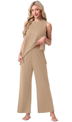 Image of PrinStory Womens Pajamas Sets 2 Piece Soft Pjs for Women Sleeveless Pajama Set Summer Loungewear with Pockets