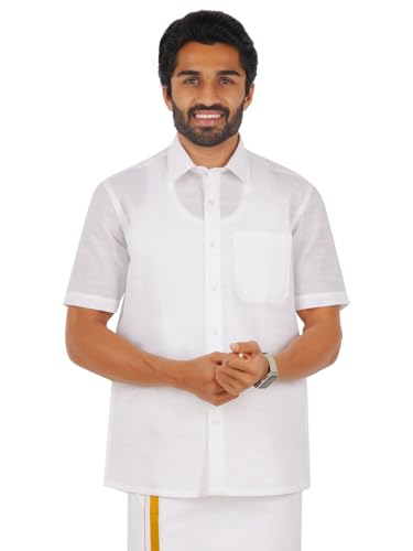 Image of RAMRAJ COTTON Men White Solid Half Sleeve Cotton Shirt