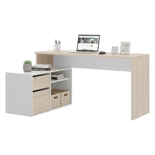 Dmora - Bureau Gardena, Bureau Multi-Positions pour Le Bureau ou la Chambre, Table d'étude d'angle Polyvalente, 139x92h75 cm, Blanc et Chêne
