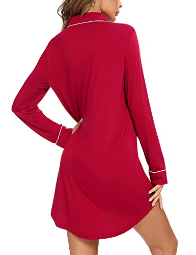 Image of Samring Nightgown for Women Long Sleeve Button Down Night Gown Boyfriend Nightdress Sleep Shirts
