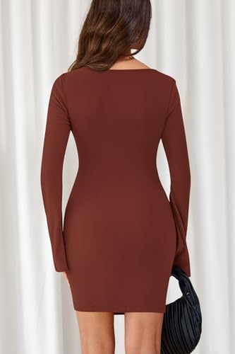 dowerme Women's Casual Mini Dress 2026 Bell Long Sleeve Boat Neck Tie Waist Bodycon Dresses Knitted Party Fall Outfits(Caramel,Small) — view 5