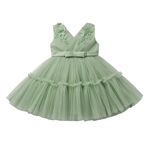 Odasdo Toddler Birthday Dress, Flower Girl Dresses For Wedding Bridesmaid Kids V-Neck Sleeveless Tulle Tutu Princess Special Occasion Formal Pageant Party Ball Prom Gown Summer Sage Green 12-18M thumb #3