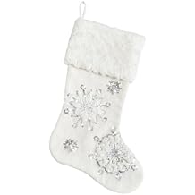 Comfy Hour 18"x11" White Christmas Stocking, Silvery Snowflake Figurine Style Home Decor, Rustic Antique Vintage Holiday Office Mantel Decoration